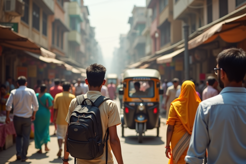 Rue animée en Inde avec touristes et marchés colorés