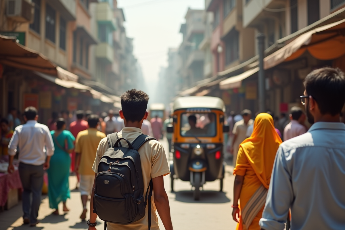 Rue animée en Inde avec touristes et marchés colorés