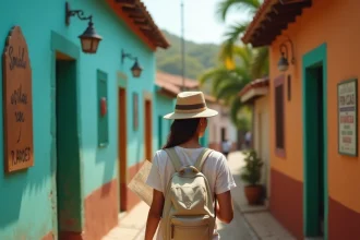 Voyageuse prudente consultant une carte dans une rue étroite de Mazunte au Mexique