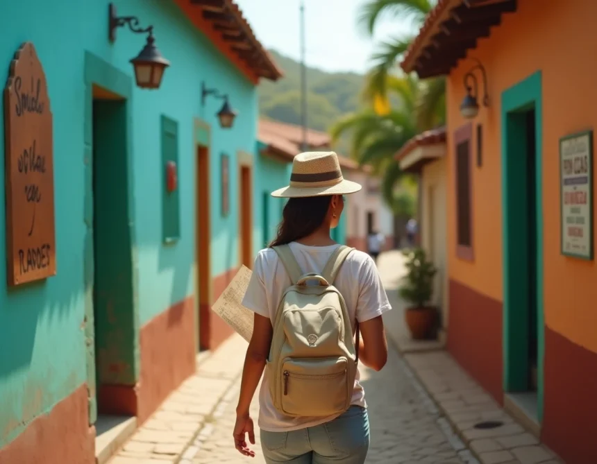 Voyageuse prudente consultant une carte dans une rue étroite de Mazunte au Mexique
