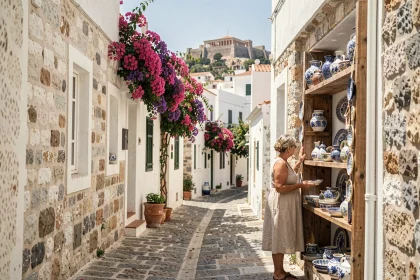 Ruelle pavée du quartier Plaka à Athènes avec des bougainvillées roses et une femme regardant des souvenirs en céramique