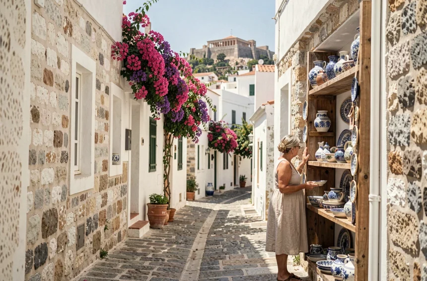 Ruelle pavée du quartier Plaka à Athènes avec des bougainvillées roses et une femme regardant des souvenirs en céramique