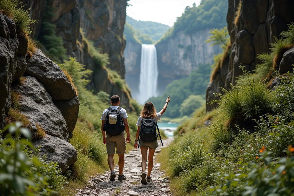 Deux randonneurs sur le sentier du canyon menant à la Cascade de la Vis, parois calcaires et végétation sauvage