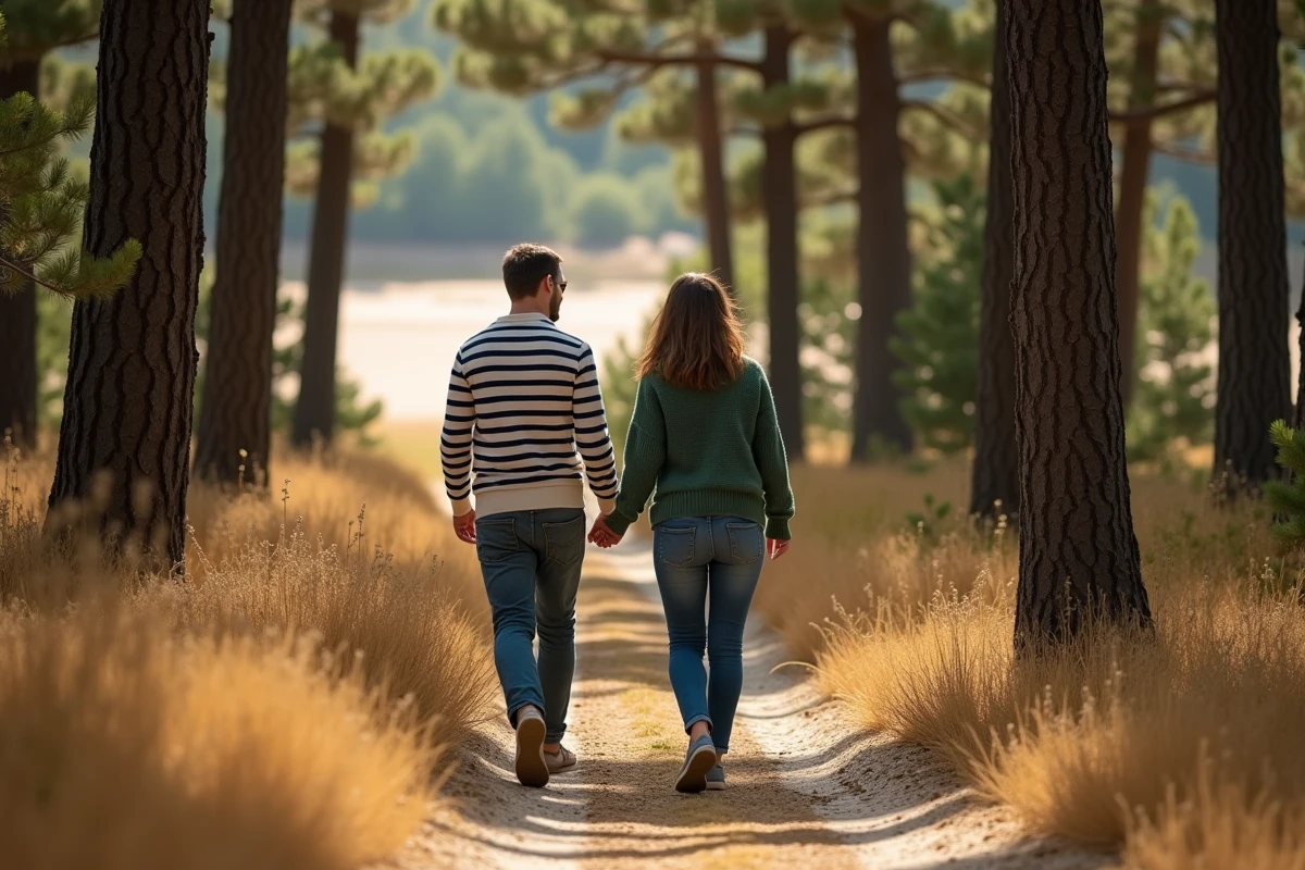 Deux amis se promenant sur un sentier forestier avec une vue dégagée sur la Dune du Pilat entre les pins, ambiance calme et loin des touristes