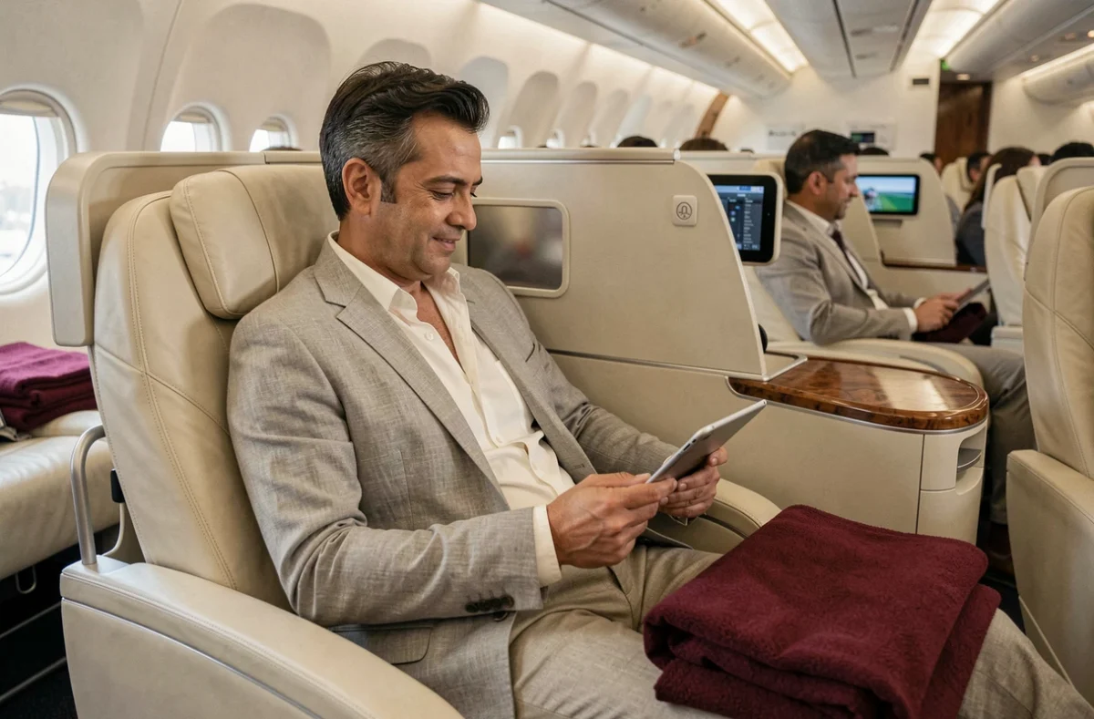 Passager masculin installé dans un siège plat en classe affaires Air India avec tablette numérique lors d'un vol intercontinental