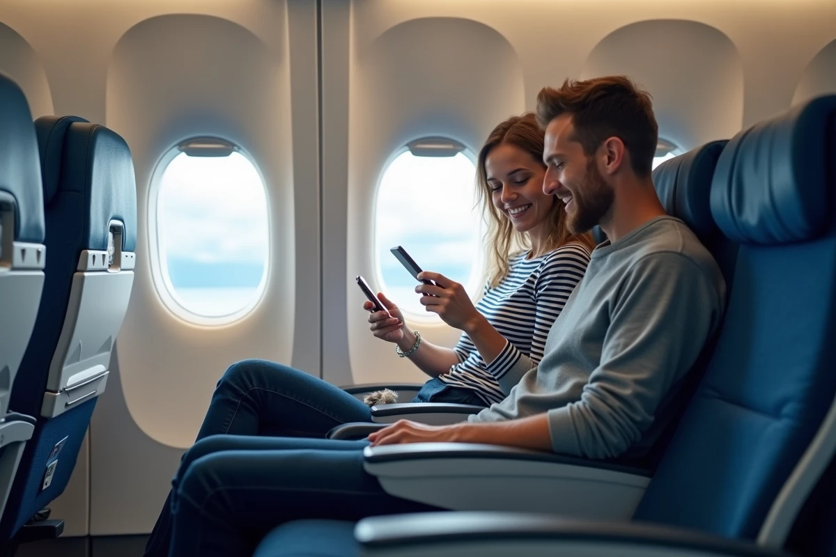 Couple installé confortablement dans les sièges avant avec espace supplémentaire pour les jambes à bord d'un avion Volotea