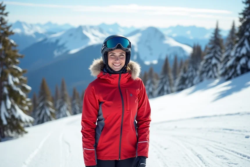Skieuse au sommet d'une piste alpine enneigée avec la frontière franco-italienne en arrière-plan