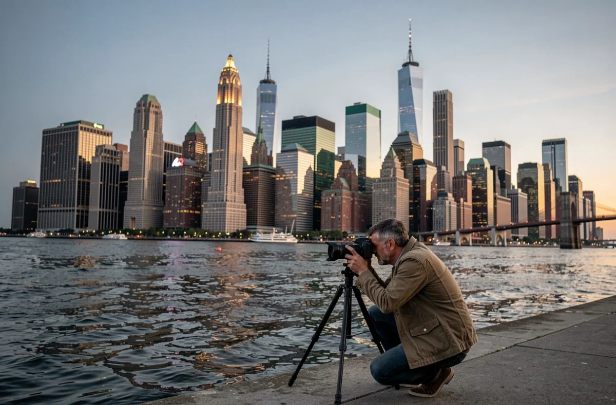 Skyline de Manhattan depuis Brooklyn Bridge Park au crépuscule avec le Woolworth Building visible parmi les gratte-ciels du quartier financier