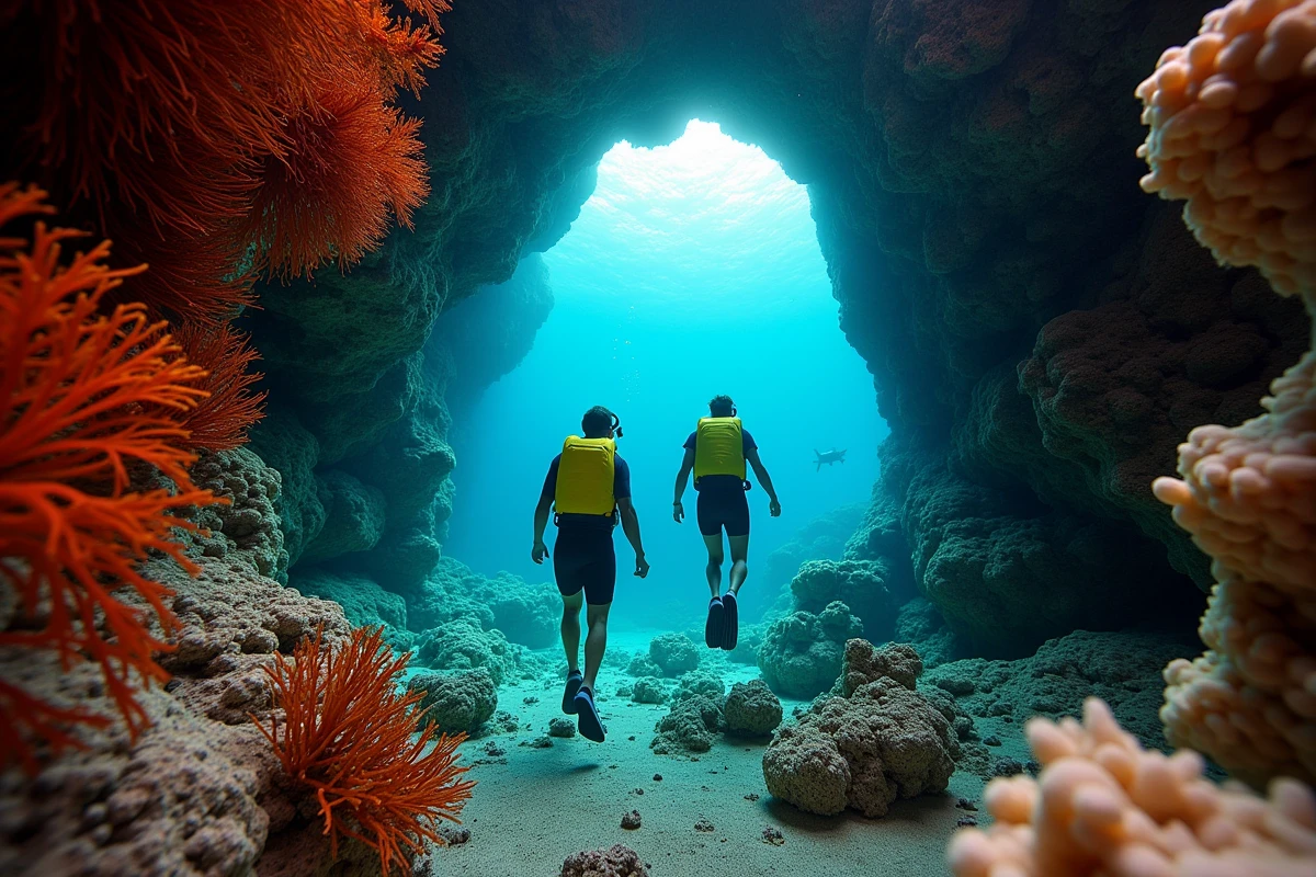 Deux plongeurs en palmes explorant une arche sous-marine couverte de gorgones rouges dans les eaux du Cap Corse, au nord de la Corse