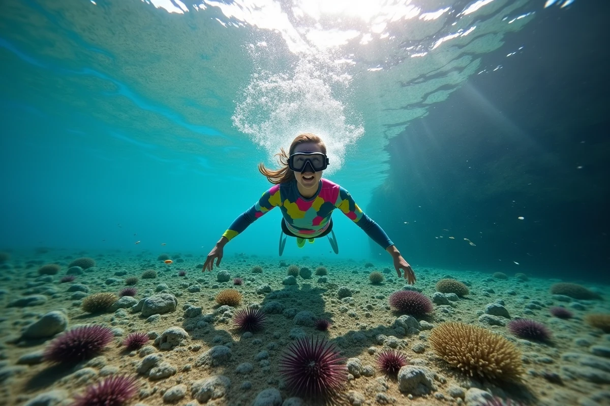 Femme en train de faire du snorkeling au-dessus d'un récif rocheux dans une réserve marine de la côte nord de la Corse