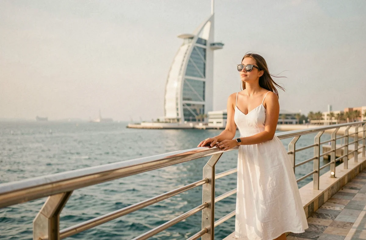 Femme devant le Burj Al Arab depuis une terrasse de Jumeirah, idéal pour un spot Instagram à Dubaï