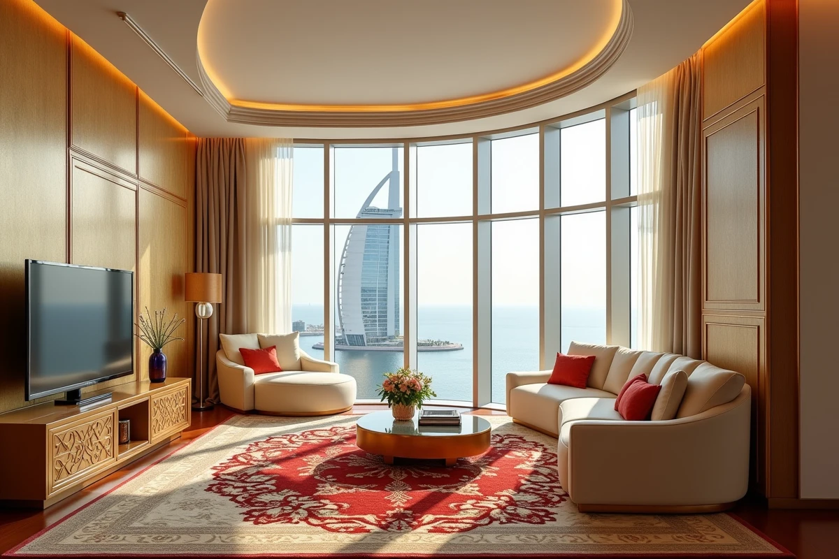 Suite duplex luxueuse du Burj Al Arab avec canapés dorés, tapis en soie et vue panoramique sur le golfe Persique