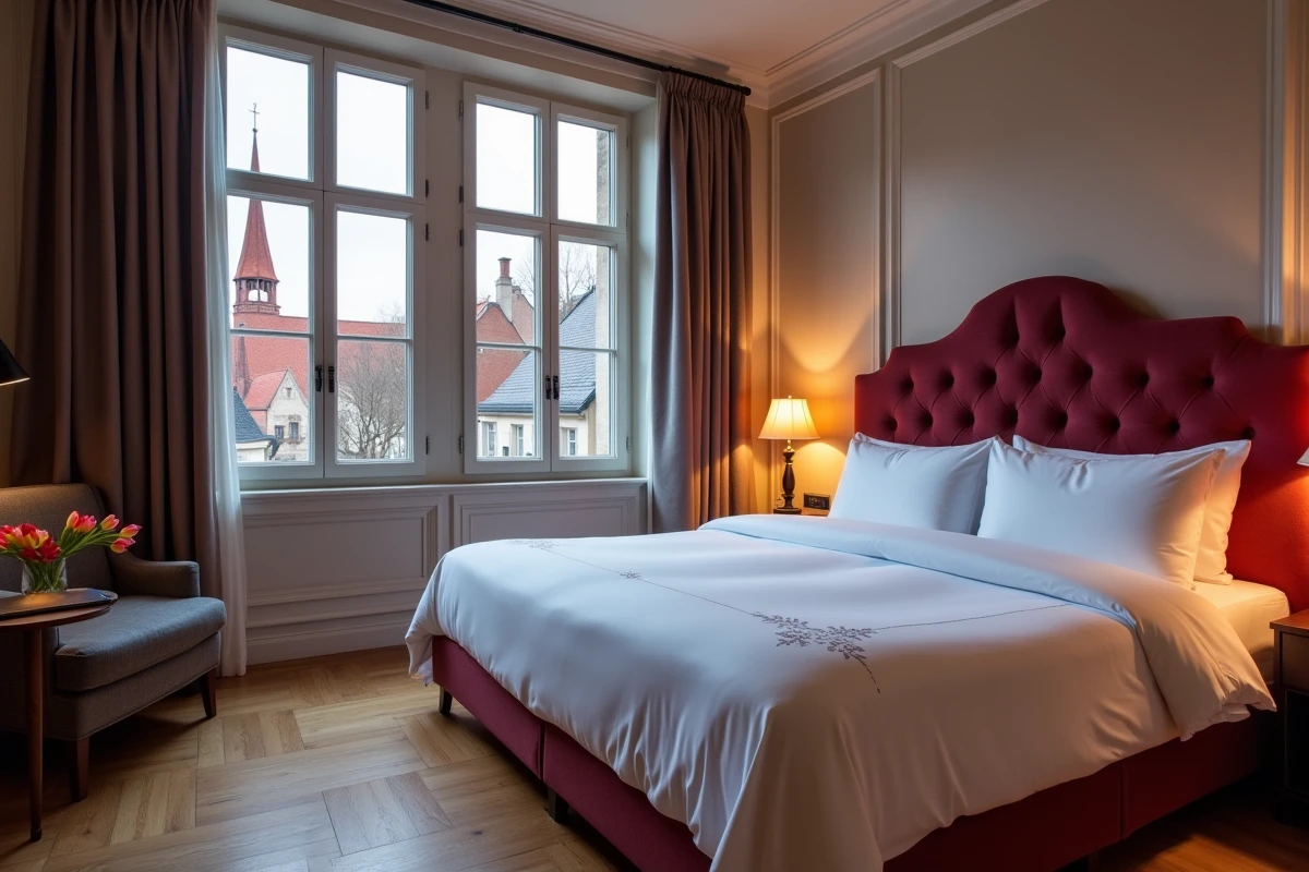Suite luxueuse d'un hôtel 5 étoiles à Strasbourg avec vue sur la cathédrale Notre-Dame depuis les fenêtres françaises