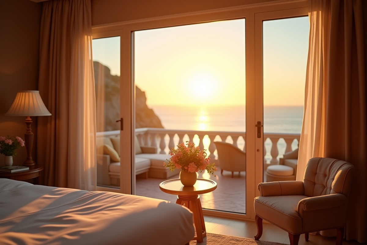 Intérieur suite hotel vue mer lumière dorée et fleurs fraîches