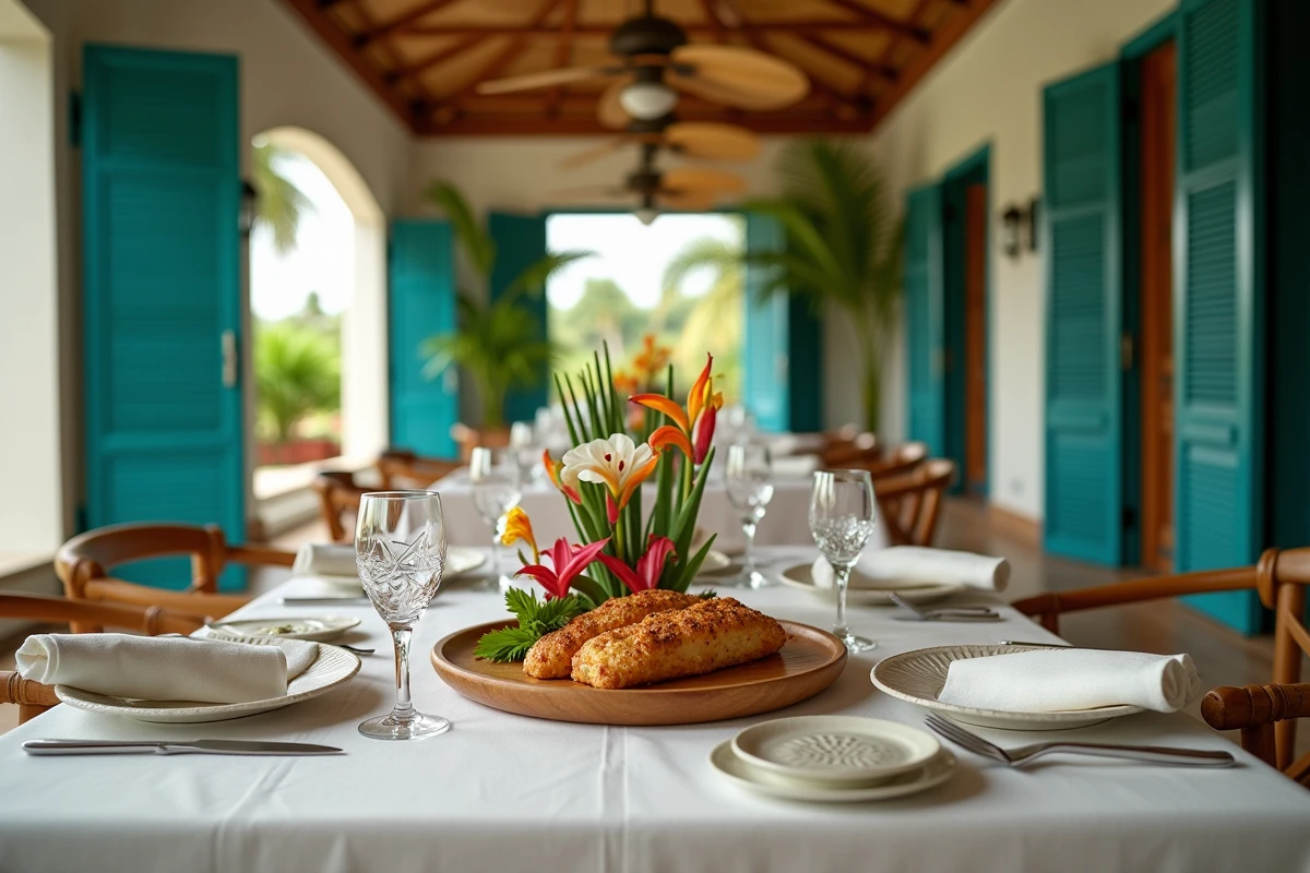 Table gastronomique dressée avec vaisselle créole et plats traditionnels dans la salle à manger d'un hôtel de luxe en Guadeloupe