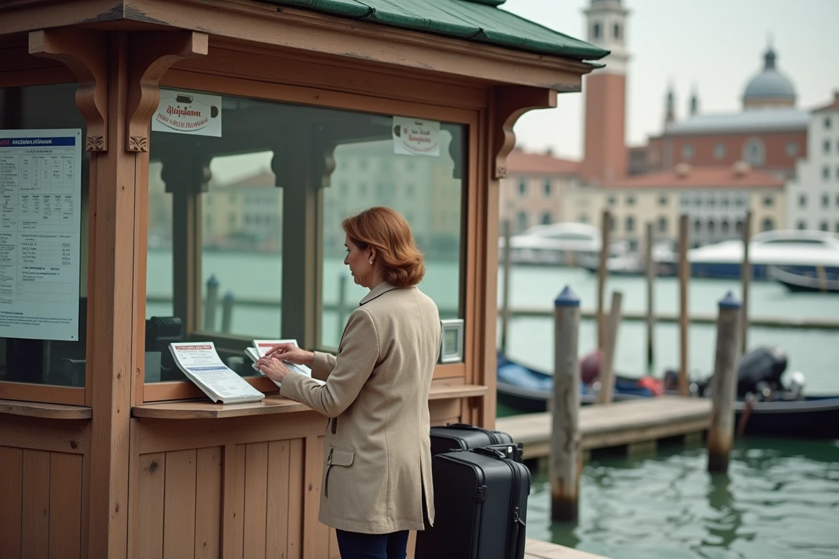 Femme consultant les tarifs du vaporetto Alilaguna à un guichet de l'embarcadère de Venise