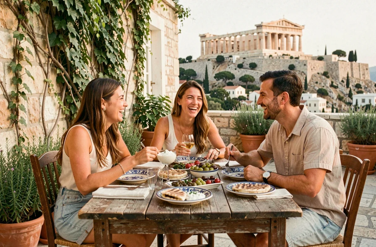 Terrasse de taverne à Plaka avec des amis dégustant des mezzes grecs et vue sur l'Acropole en arrière-plan