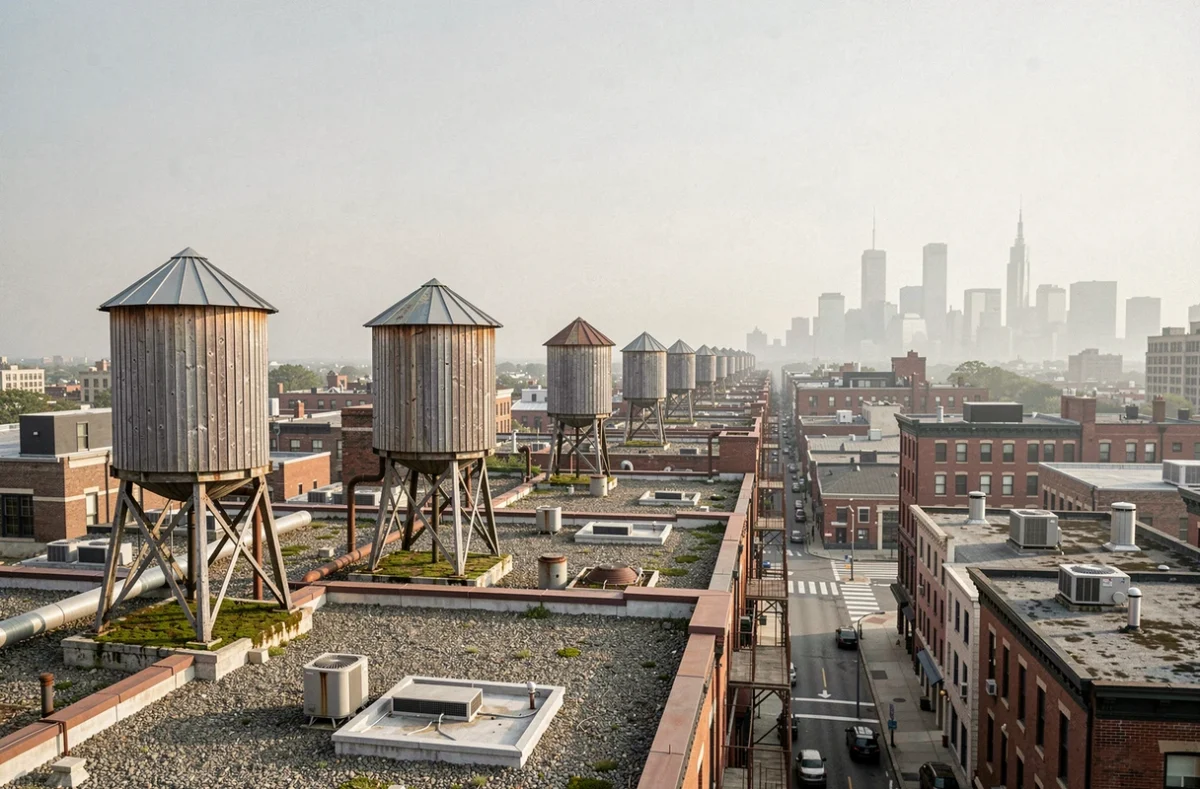 Vue aérienne des toits de SoHo à New York avec des châteaux d'eau en bois emblématiques et la skyline de Manhattan en arrière-plan