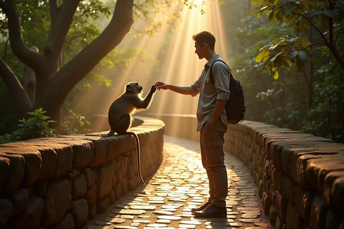 Touriste interagissant avec un macaque sur un chemin de pierre au Sacred Monkey Forest d'Ubud au lever du soleil