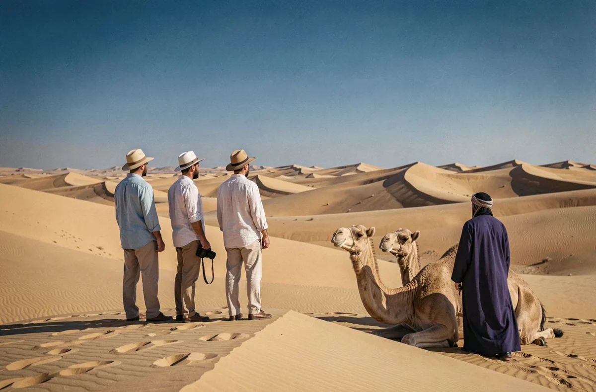 Groupe de touristes avec un guide berbère et des dromadaires sur les dunes de l'Erg Chebbi à Merzouga lors d'un circuit organisé au Maroc