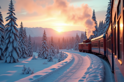 Train TransSiberien dans la neige au lever du soleil