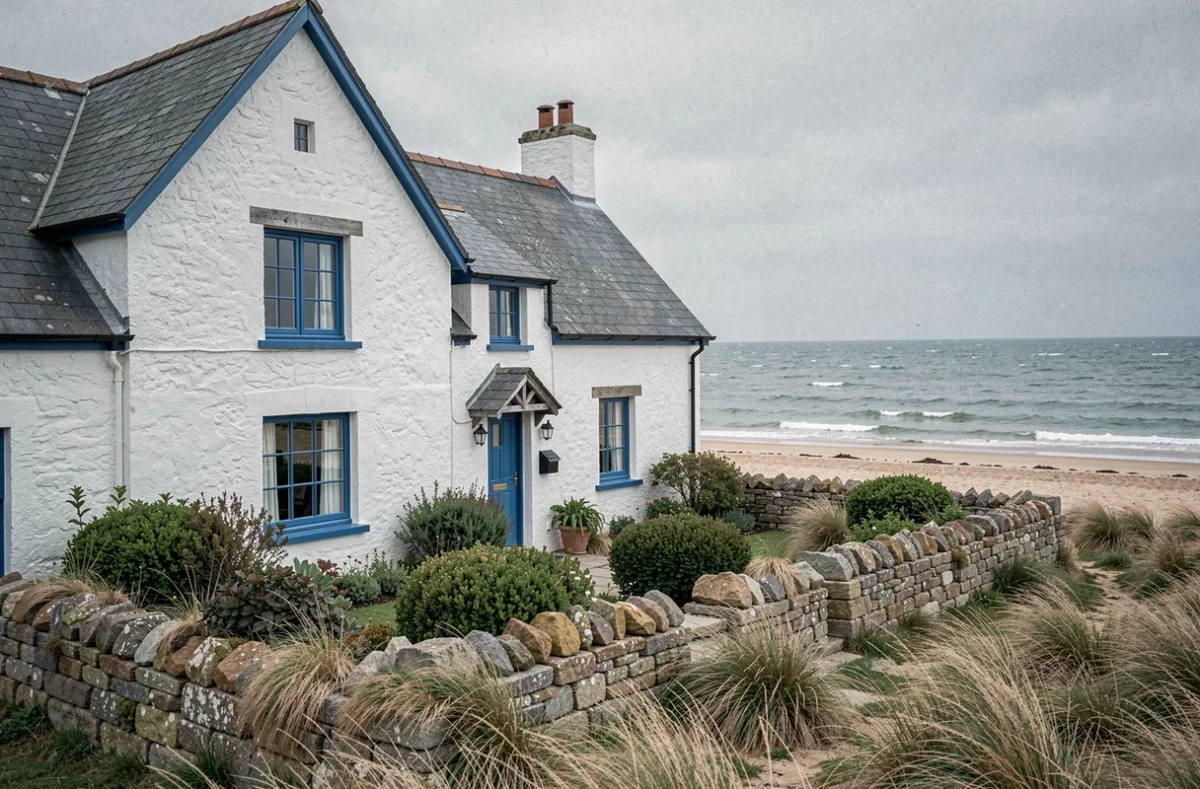 Ty Gwenn à Pouldreuzic, cottage breton blanc aux volets bleus avec vue sur la plage et l'Atlantique en Finistère