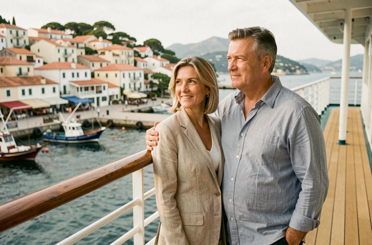 Couple de voyageurs profitant de la vue sur un port depuis le pont d'une croisière Uhaina