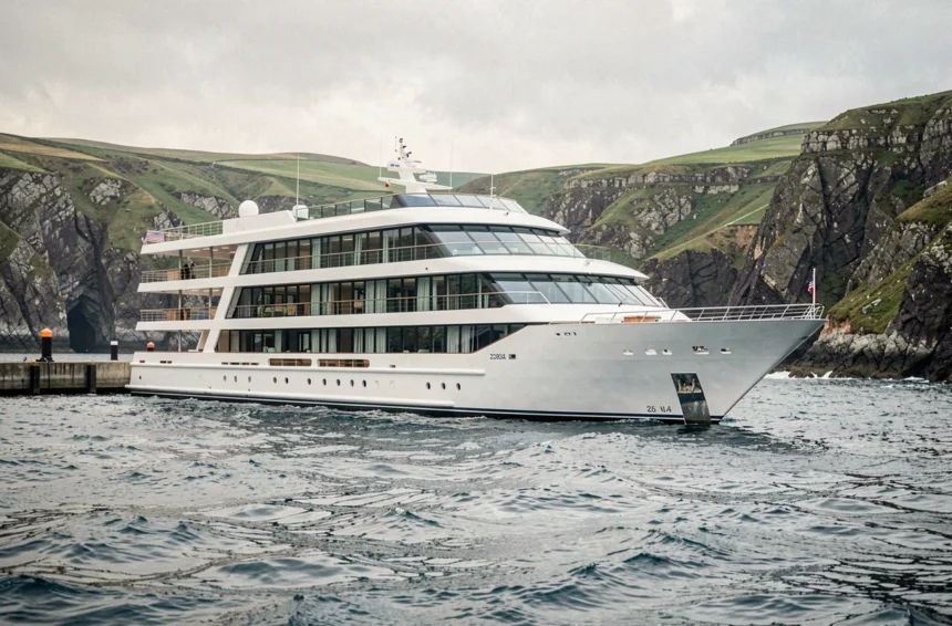 Navire de croisière Uhaina naviguant le long de la côte atlantique rocheuse sous un ciel dégagé