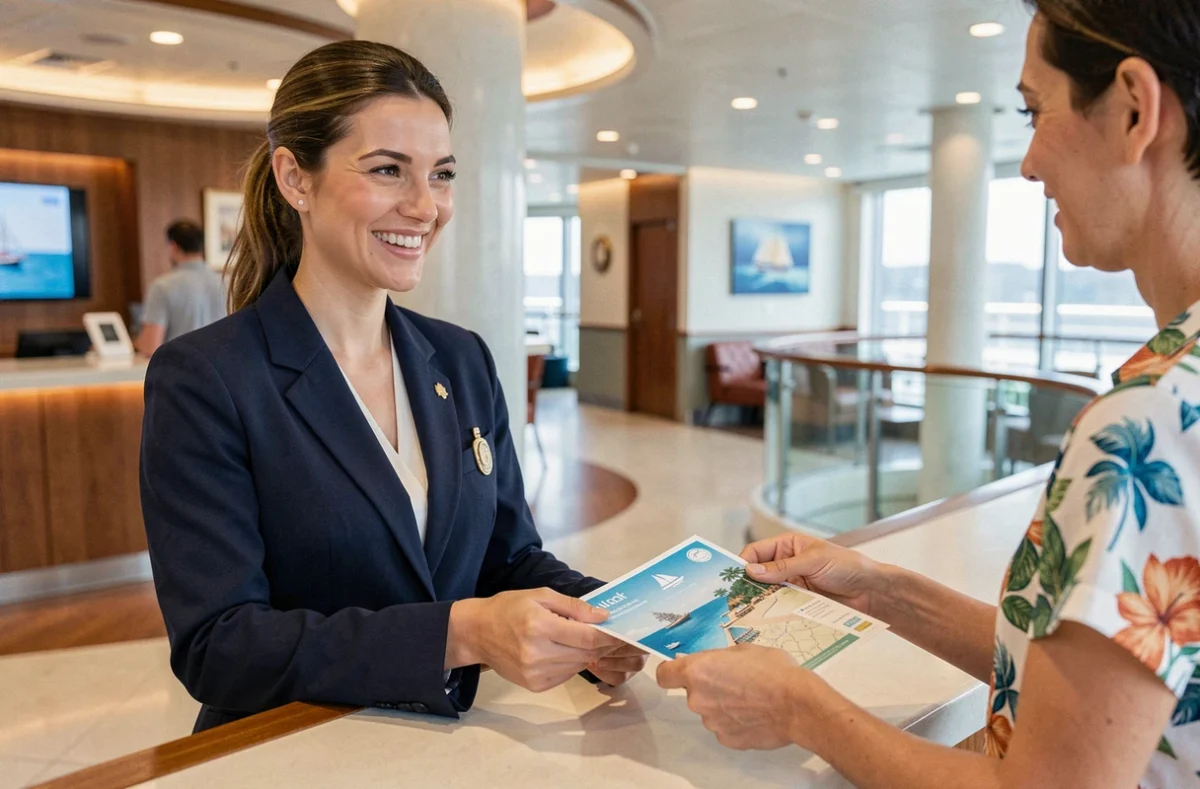 Membre du personnel de croisière Uhaina accueillant un passager au bureau d'information à bord