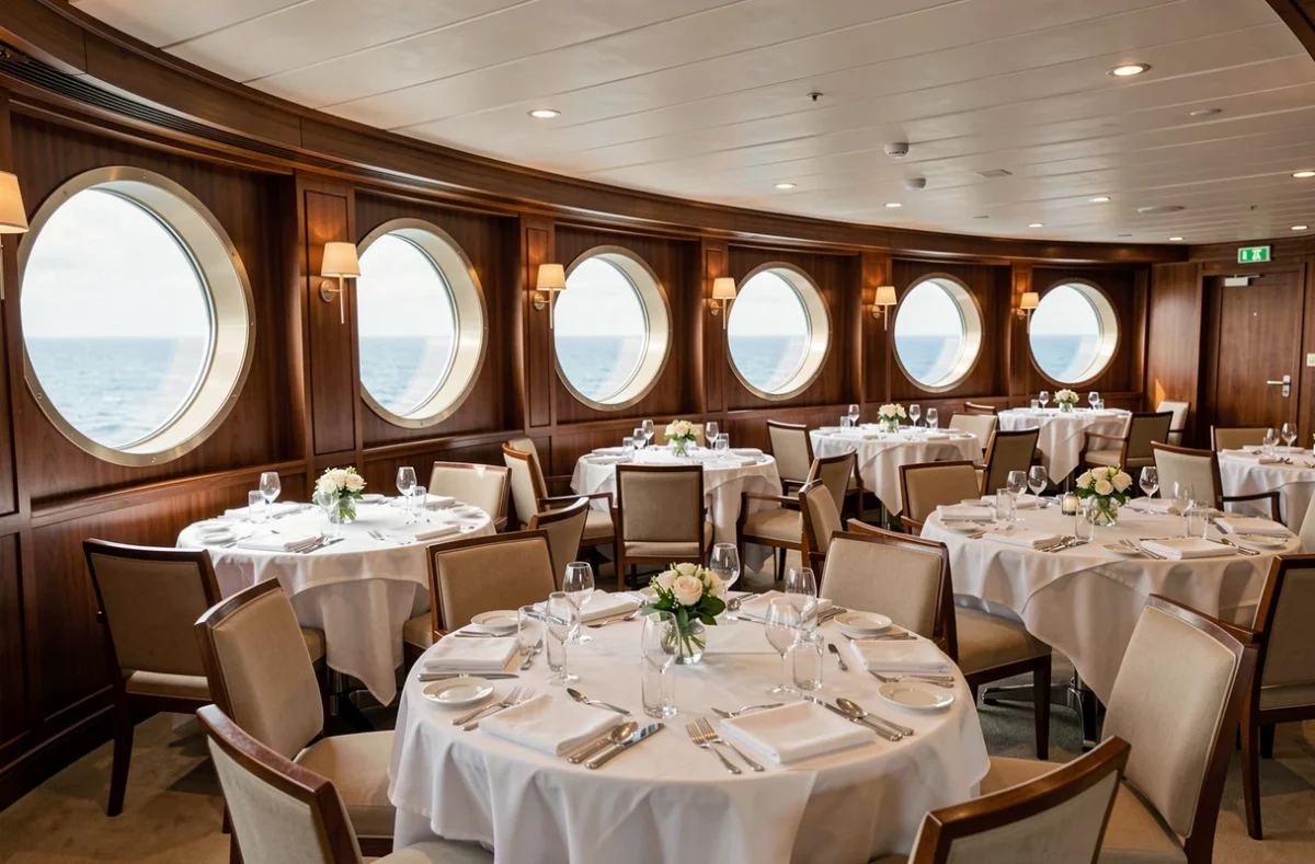 Salle de restaurant élégante à bord d'une croisière Uhaina avec tables dressées et vue sur la mer
