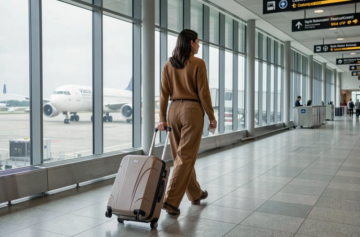 Femme tirant sa valise cabine dans un couloir d'embarquement d'aéroport avec une carte d'embarquement à la main