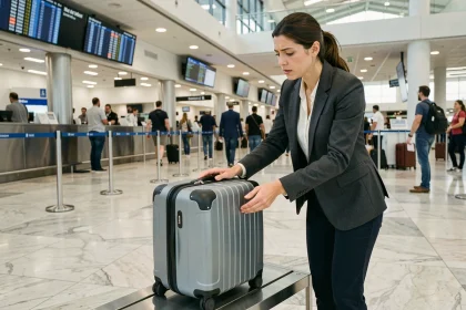 Femme vérifiant la taille de sa valise cabine dans un gabarit de contrôle à l'aéroport