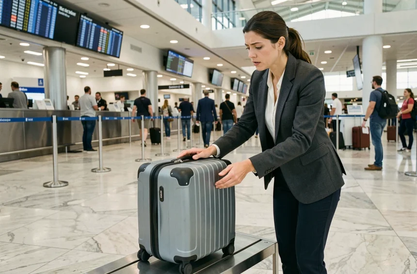 Femme vérifiant la taille de sa valise cabine dans un gabarit de contrôle à l'aéroport