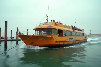 Vaporetto ACTV approchant l'embarcadère de l'aéroport Marco Polo de Venise avec des passagers et des bagages à bord