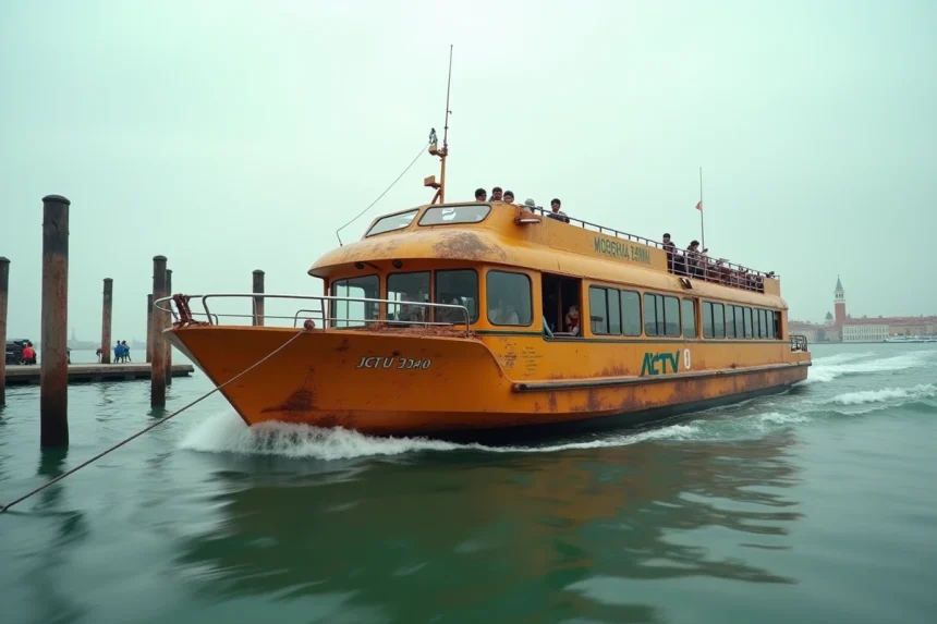 Vaporetto ACTV approchant l'embarcadère de l'aéroport Marco Polo de Venise avec des passagers et des bagages à bord