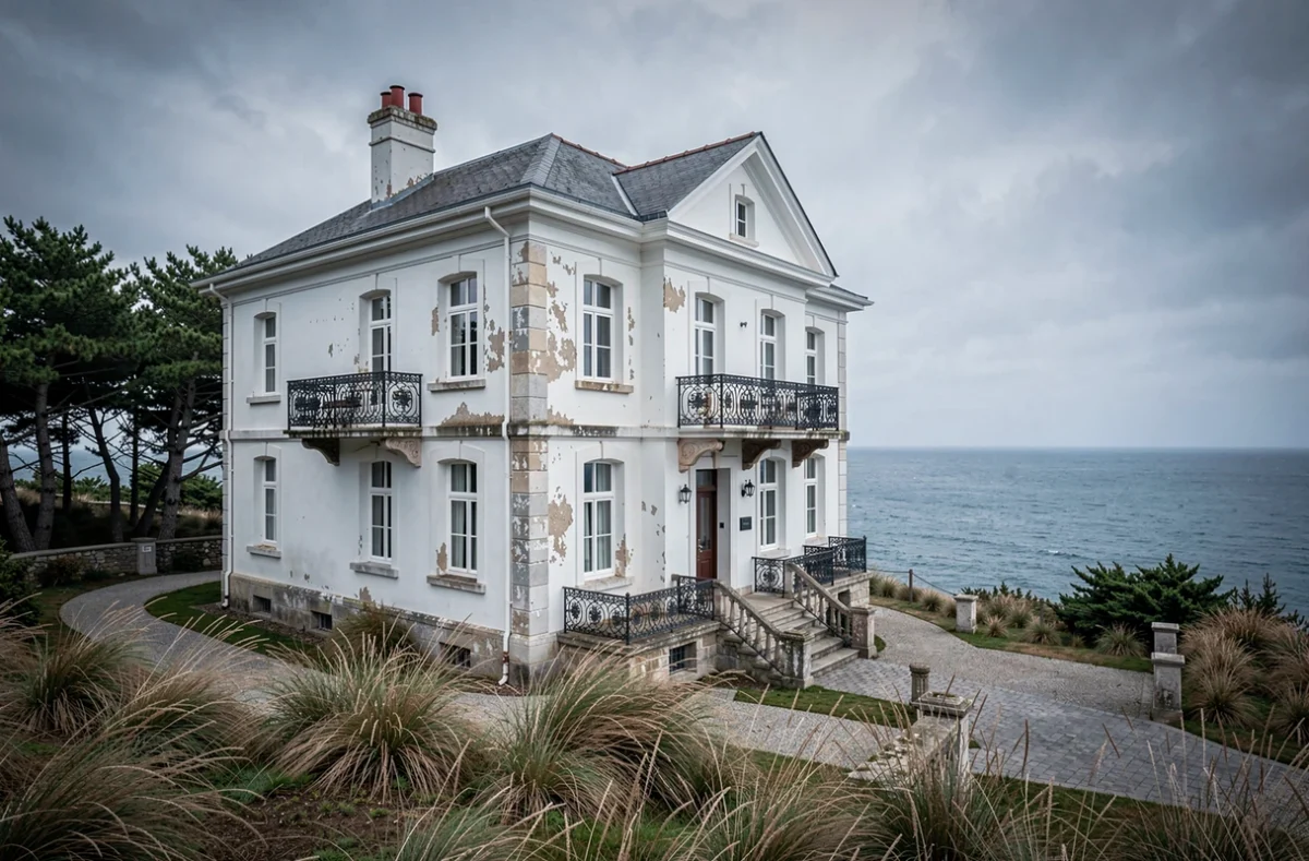 Villa Trouz Ar Mor en Finistère, élégante façade blanche avec balcons en fer forgé face à l'océan Atlantique