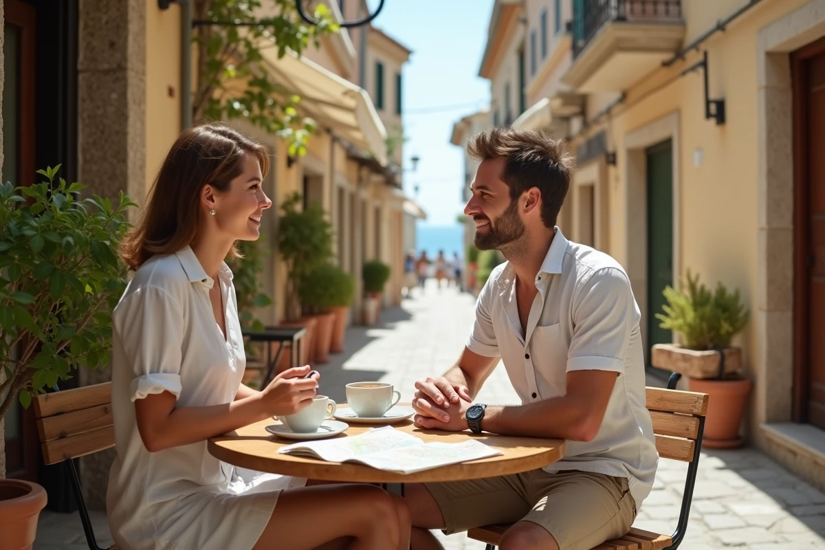 Couple en terrasse de café dans un village frontière entre France et Italie avec vue mer en arrière-plan