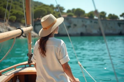 Femme sur un voilier en bois approchant l'île de Porquerolles tôt le matin, eaux turquoise calmes et absence de foule