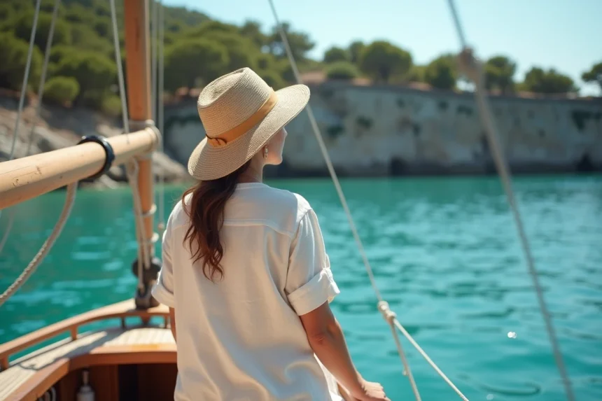 Femme sur un voilier en bois approchant l'île de Porquerolles tôt le matin, eaux turquoise calmes et absence de foule