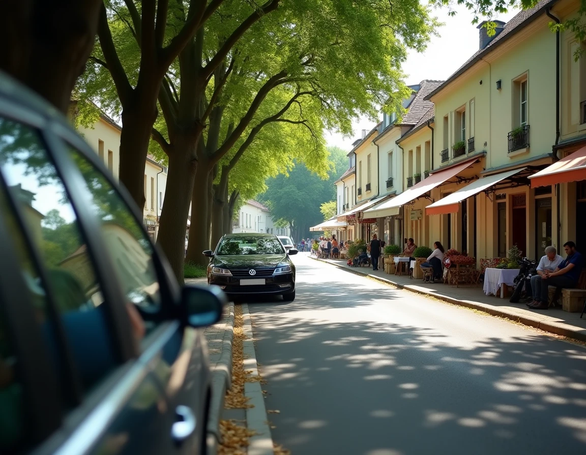 Voiture se garant dans une rue calme proche du marché de Fort Mahon