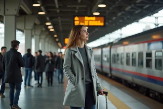 Voyageuse sur un quai de gare Amtrak avec valise à roulettes, prête pour le trajet Montréal–New York en train