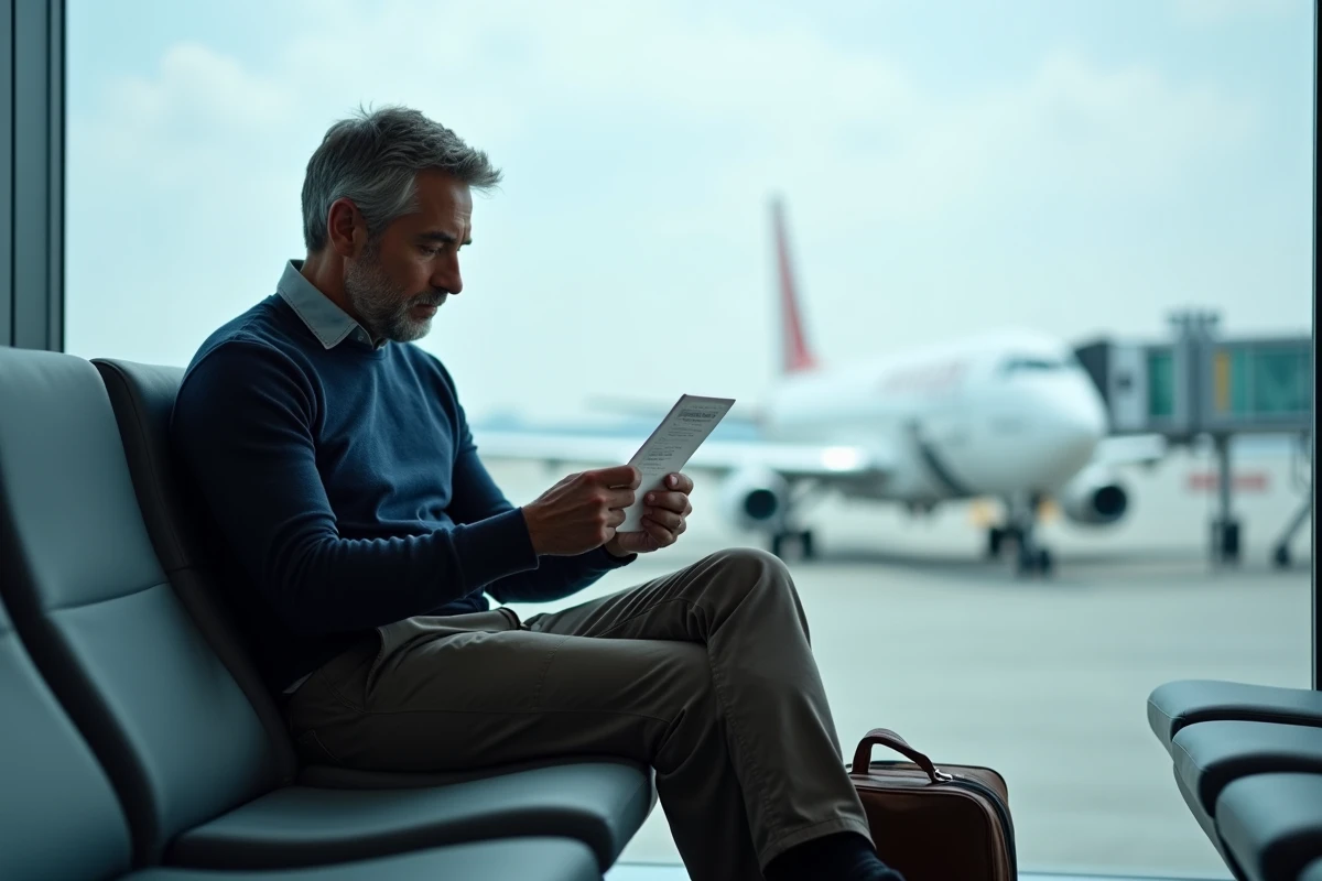 Voyageur à l'aéroport consulte sa carte d'embarquement avant un vol Montréal–New York