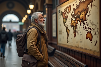 Voyageur d'âge moyen devant une vieille carte du monde