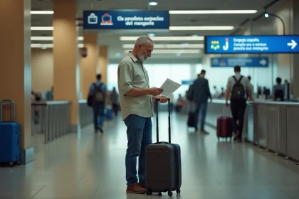 Voyageur à la douane espagnole tenant une brochure sur la réglementation des cigarettes en 2026