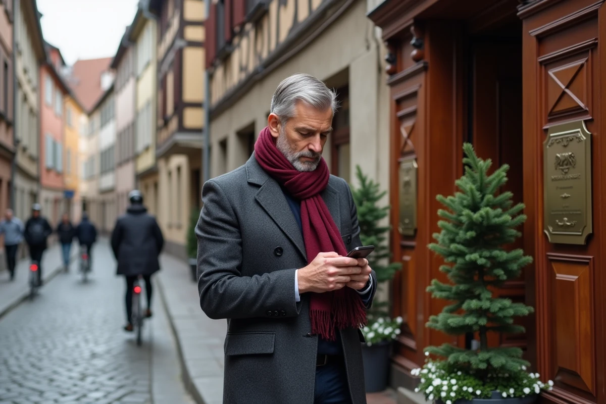 Voyageur consultant son téléphone devant l'entrée d'un hôtel boutique 5 étoiles dans le quartier de la Petite France à Strasbourg
