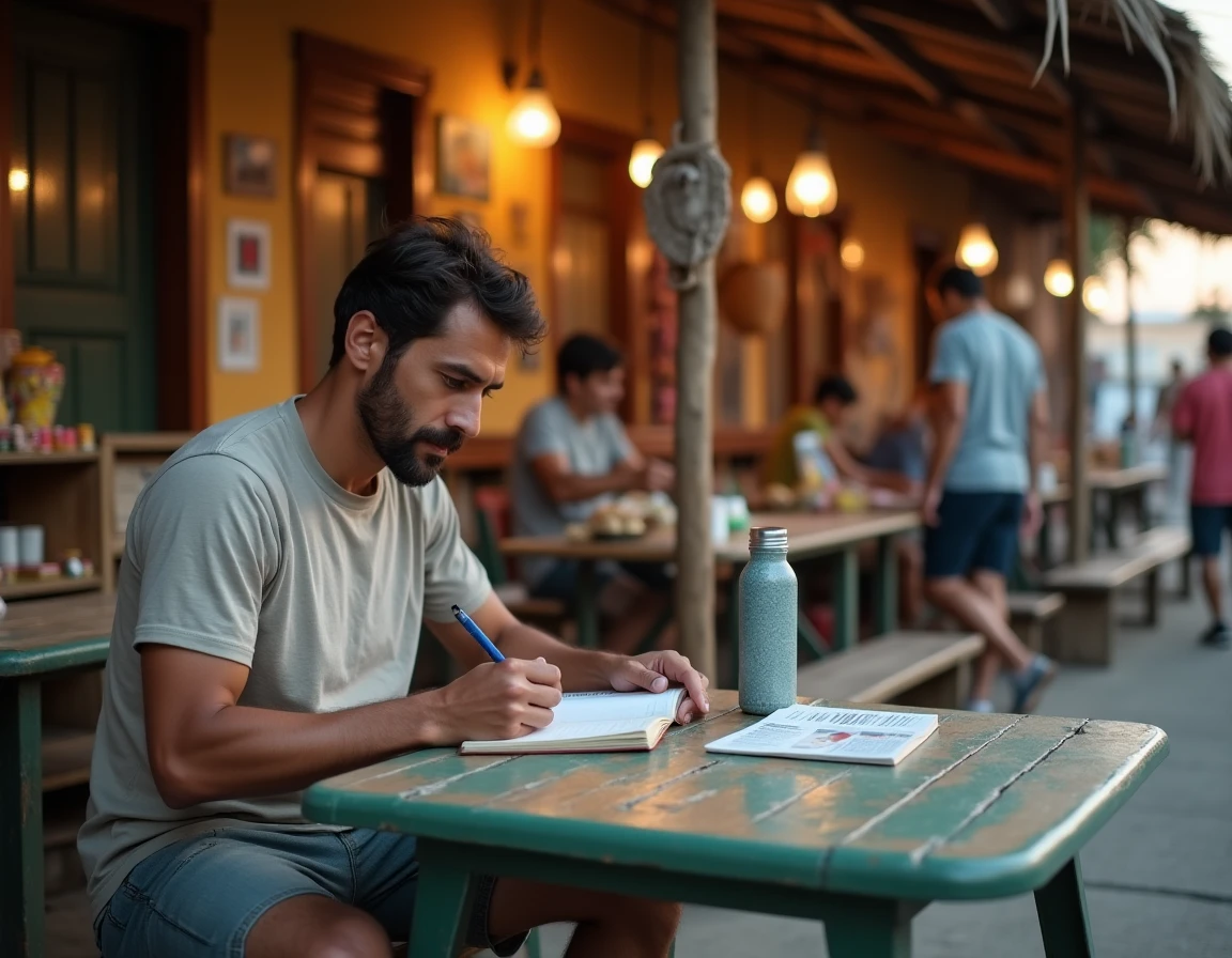 Voyageur consultant un journal de voyage dans un marché local de Mazunte au Mexique