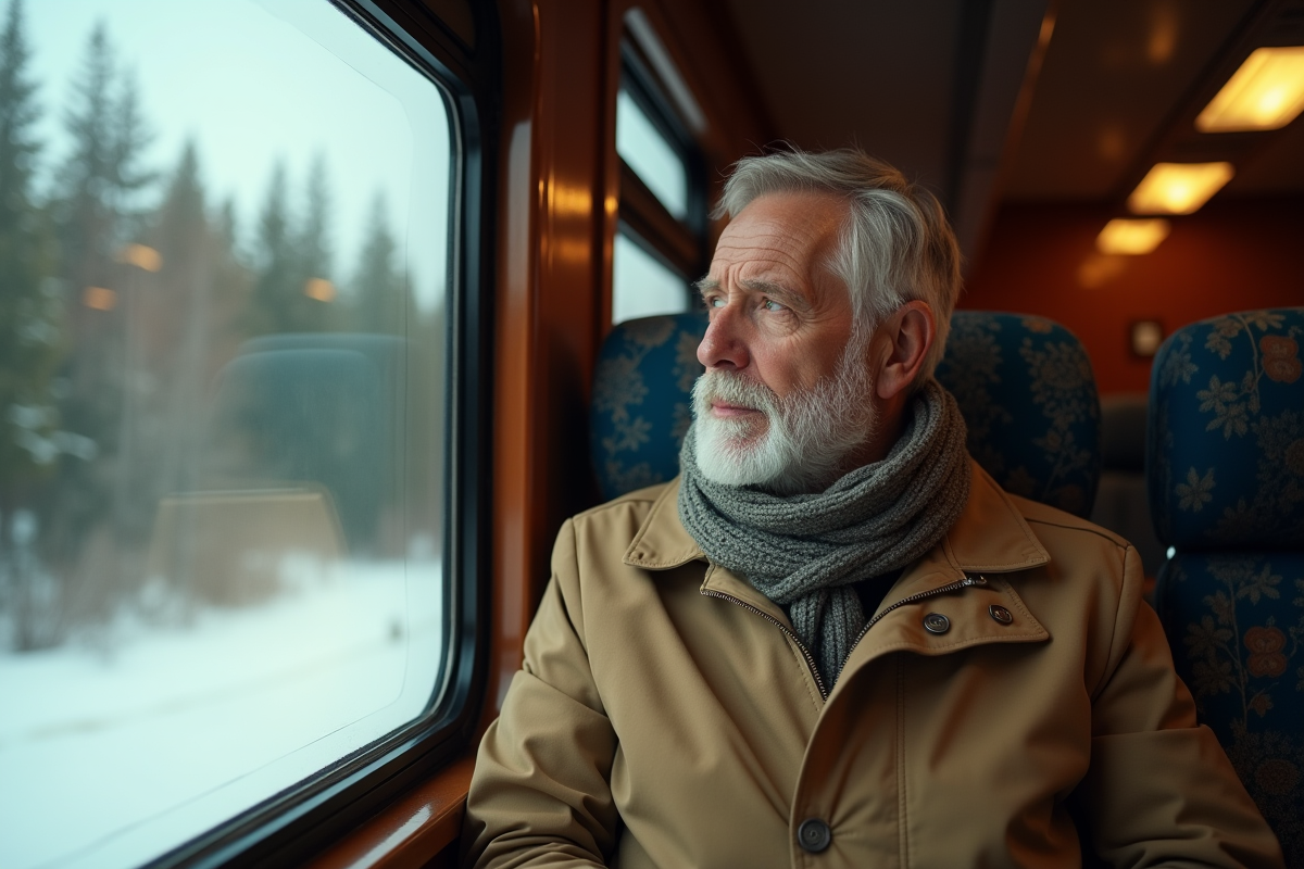 Homme voyageur contemplant la taiga sibérienne depuis le train