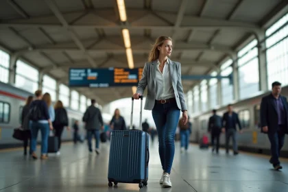 Voyageuse avec valise cabine sur le quai d'une gare Amtrak pour un aller-retour New York Boston en 2 jours