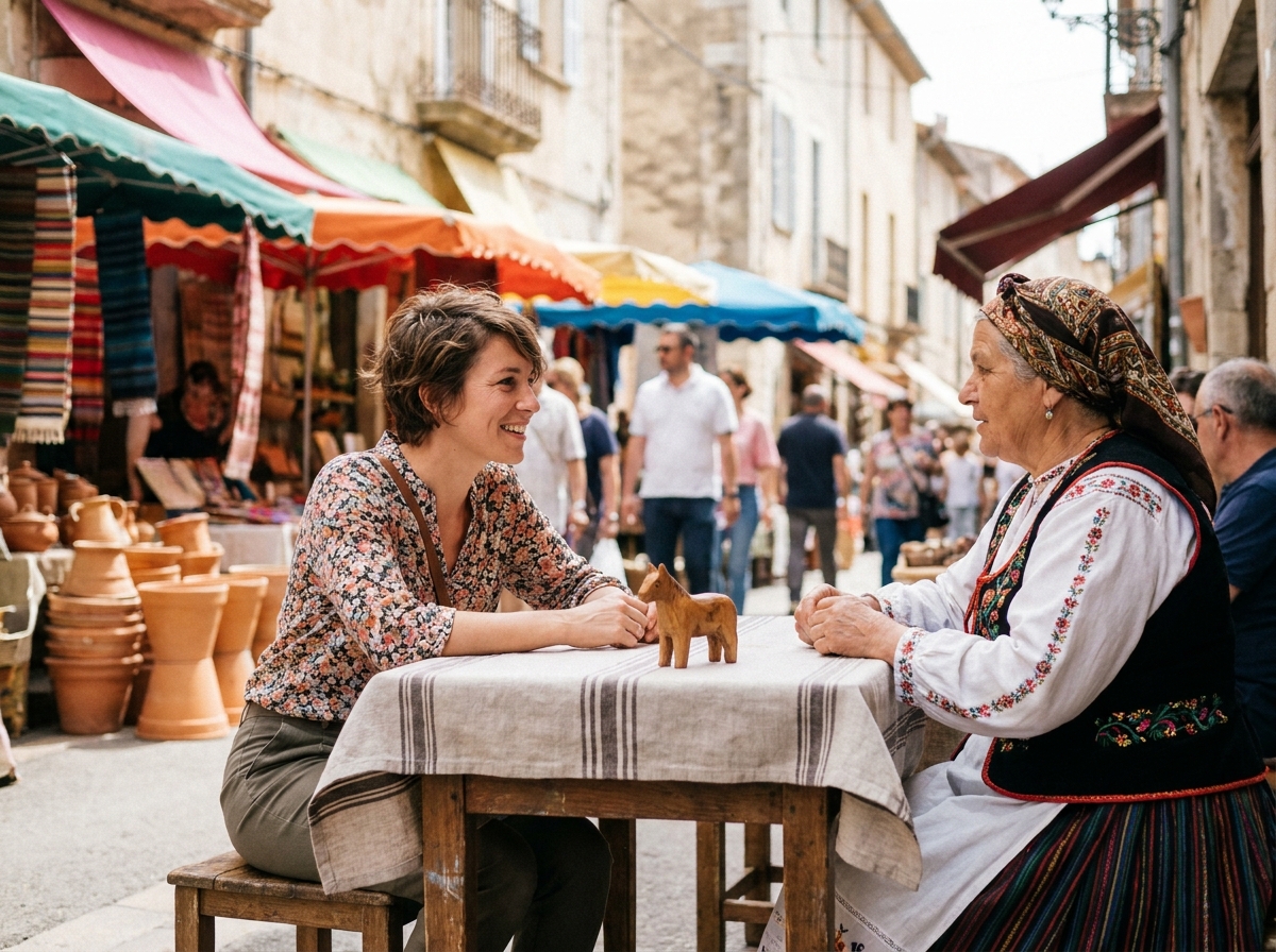 Voyageuse LGBTQ+ en conversation authentique avec une artisane locale dans un marché traditionnel
