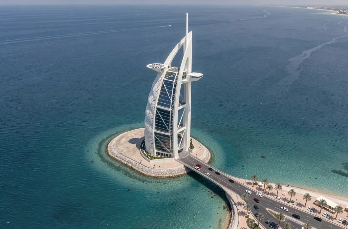 Vue aérienne du Burj Al Arab depuis un hélicoptère montrant l'île artificielle et l'hélipad emblématique à Dubaï